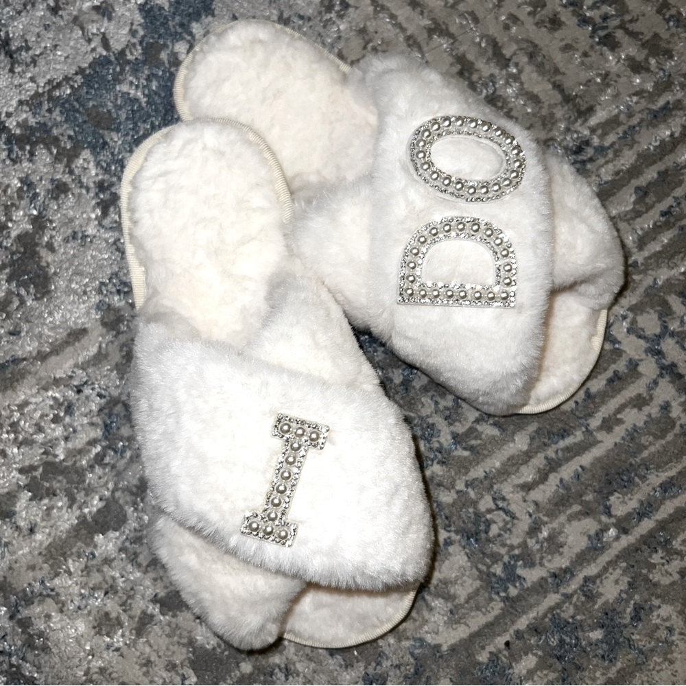 I Do Ivory White Bridal Fluffy Slippers